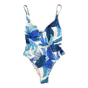 LA Hearts, Women's One-Piece Swimsuit, Tropical Palm, Blue & White, Small, Used